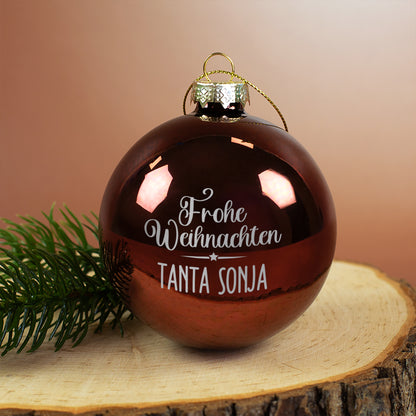 Weihnachtskugel mit Name graviert 'Frohe Weihnachten' | Christbaumkugel 8 cm in Burgund Rot