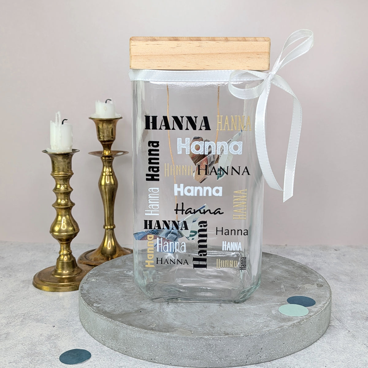Vorratsglas mit Bambusdeckel & Name personalisiert als Geldgeschenk –