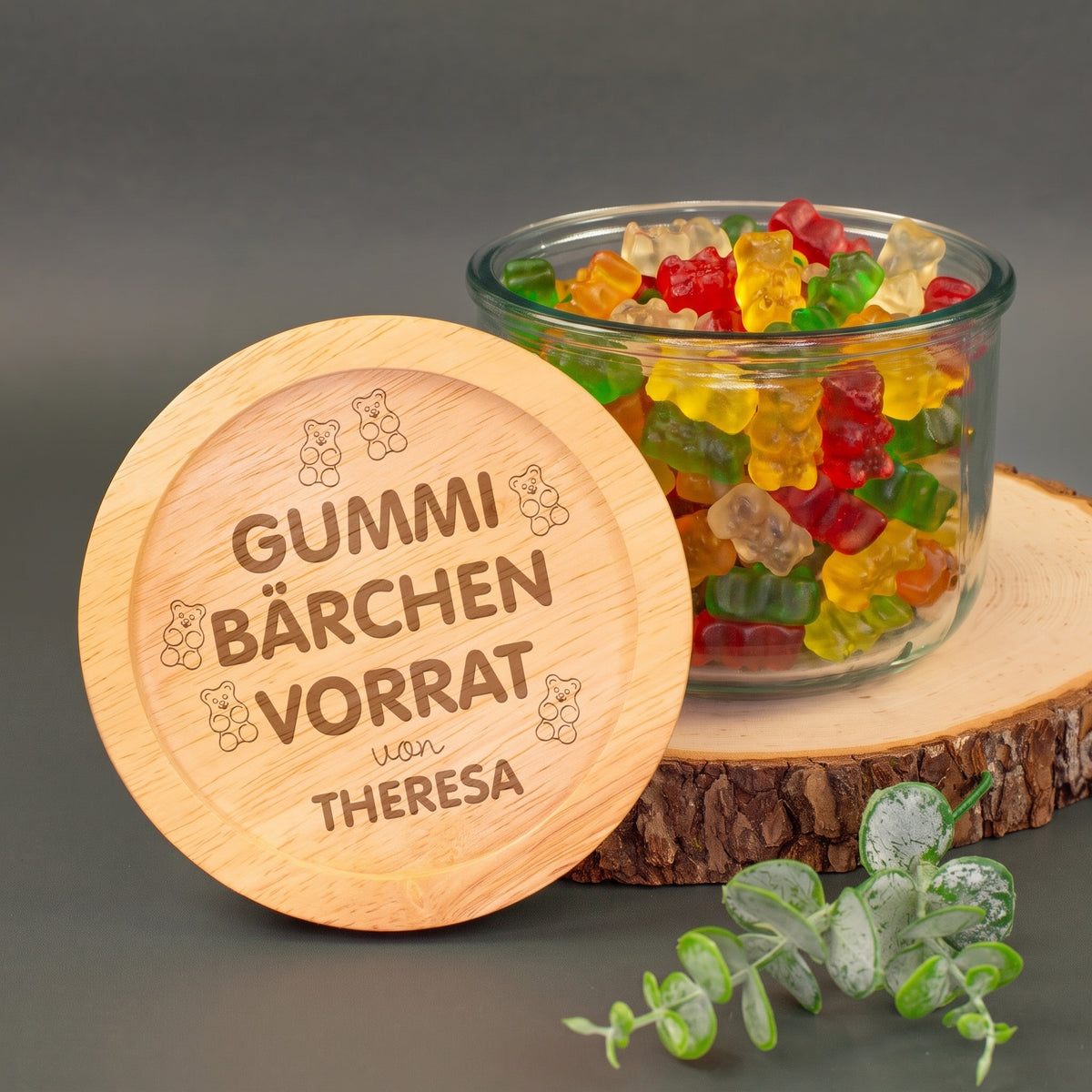 Gummibärchen Vorratsglas 600 ml mit Holzdeckel und persönlicher Namensgravur als Geschenkidee