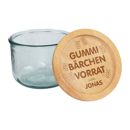 Leeres Vorratsglas aus recyceltem Glas mit graviertem Holzdeckel Gummibärchen Vorrat von mit Name
