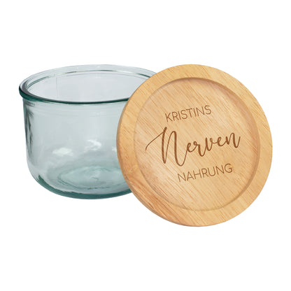 Personalisiertes 600 ml Vorratsglas Nervennahrung mit graviertem Holzdeckel als Geschenk