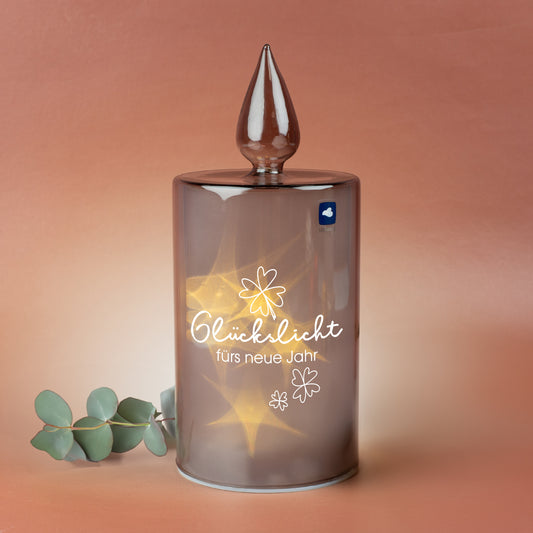LED-Glaskerze Glückslicht von Leonardo mit Wunschtext und warmem Lichtschein