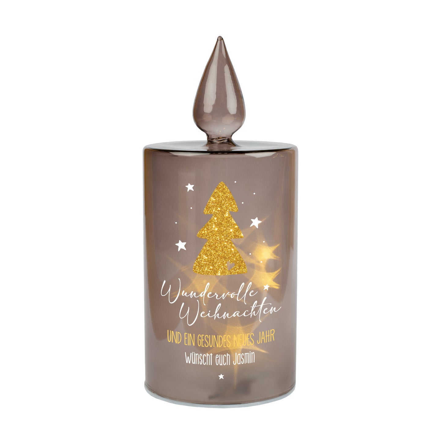 Freigestelltes LED-Glaslicht von Leonardo in Kerzenform mit Weihnachtsmotiv und Wunschtext.