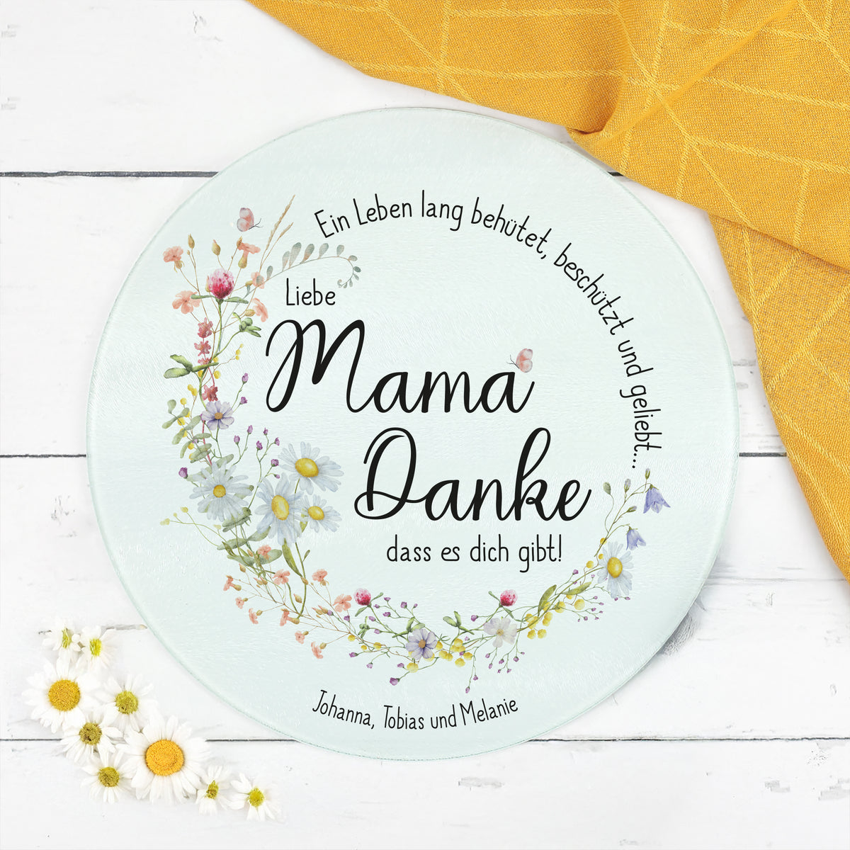 Personalisierbares Glasbrettchen „Mama, Danke!“ mit Wiesenblumen & Spr –
