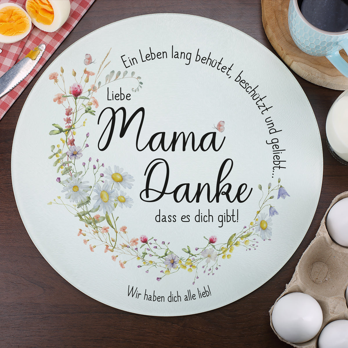 Personalisierbares Glasbrettchen „Mama, Danke!“ mit Wiesenblumen & Spr –