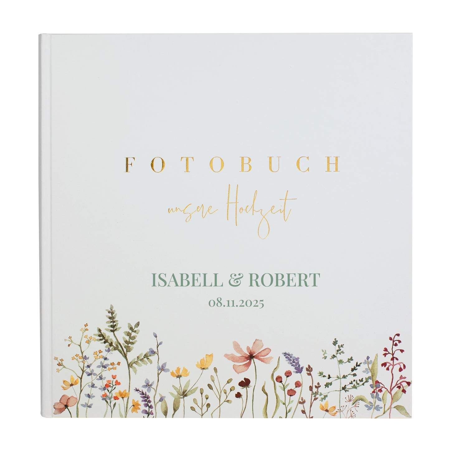 Hochzeitsalbum mit Wildblumen-Verzierung und edler Goldprägung als Geschenkidee. Personalisierung in grüner Schrift.