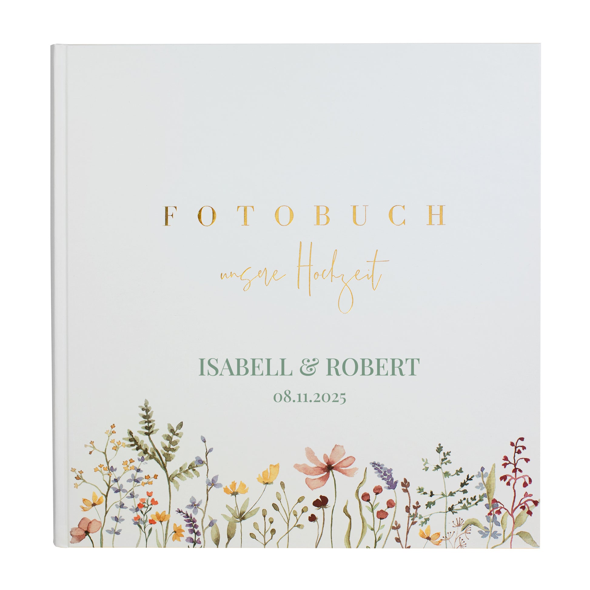 Hochzeitsalbum mit Wildblumen-Verzierung und edler Goldprägung als Geschenkidee. Personalisierung in grüner Schrift.