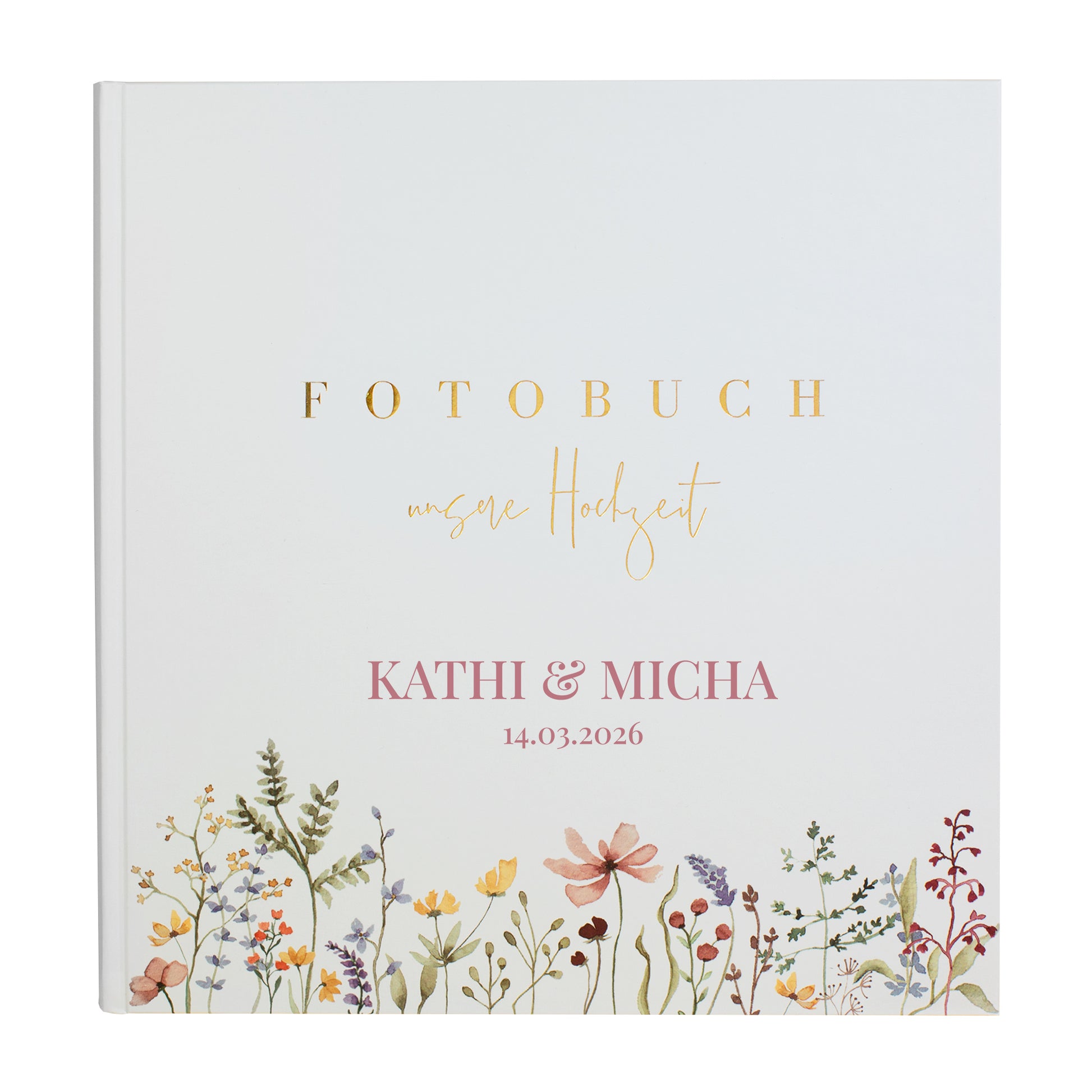 Hochzeitsalbum mit Wildblumen-Verzierung und edler Goldprägung als Geschenkidee. Personalisierung in rosa.