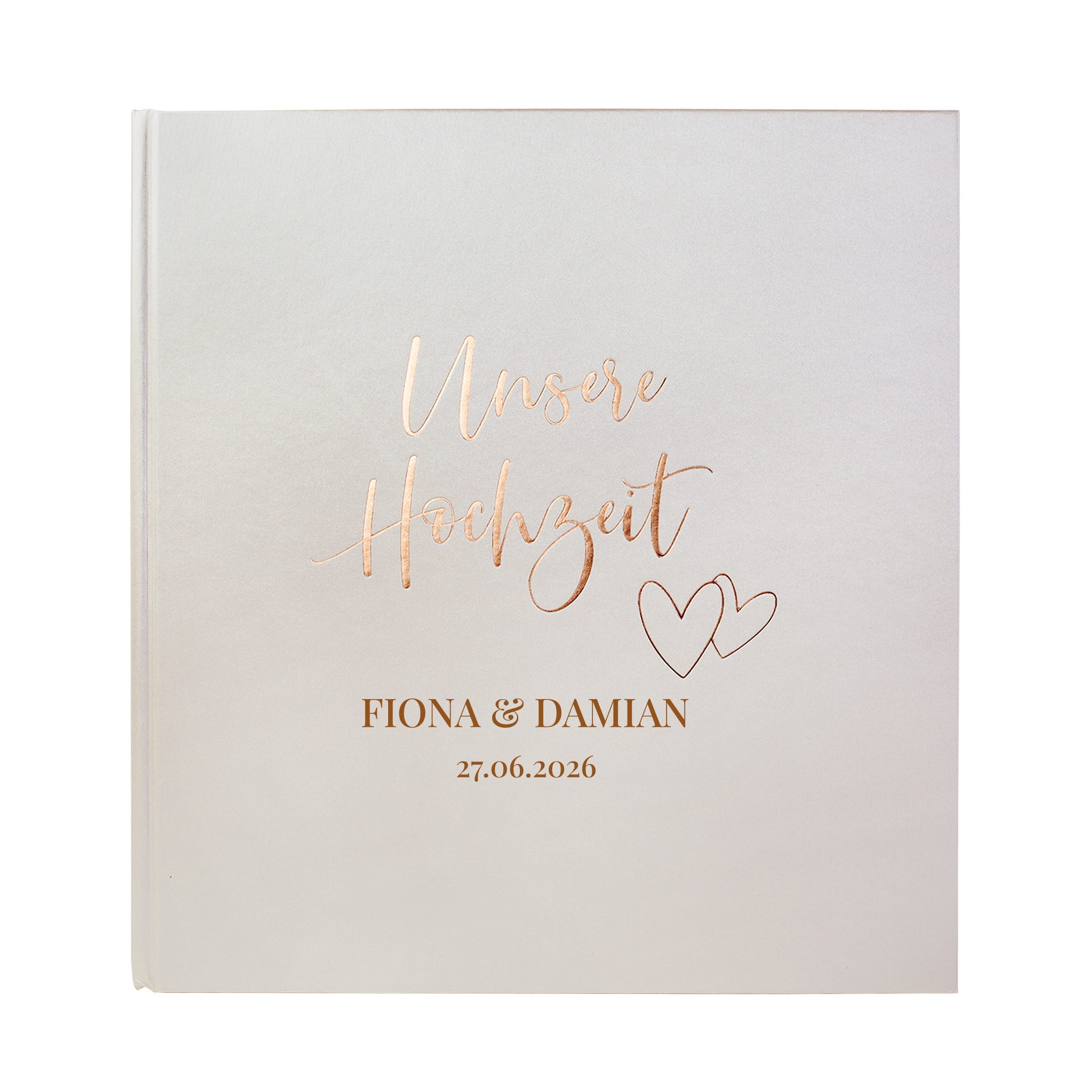 Hochzeit Fotoalbum Unsere Hochzeit in Weiß-Creme, Goldprägung mit Namen und Datum personalisiert auf weißem Hintergrund