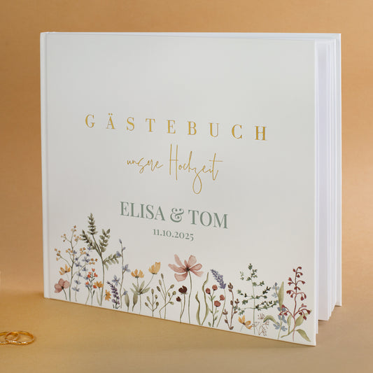 Personalisierte Variante Gästebuch Hochzeit mit Namen „Elisa & Tom“ und Datum auf dem Cover