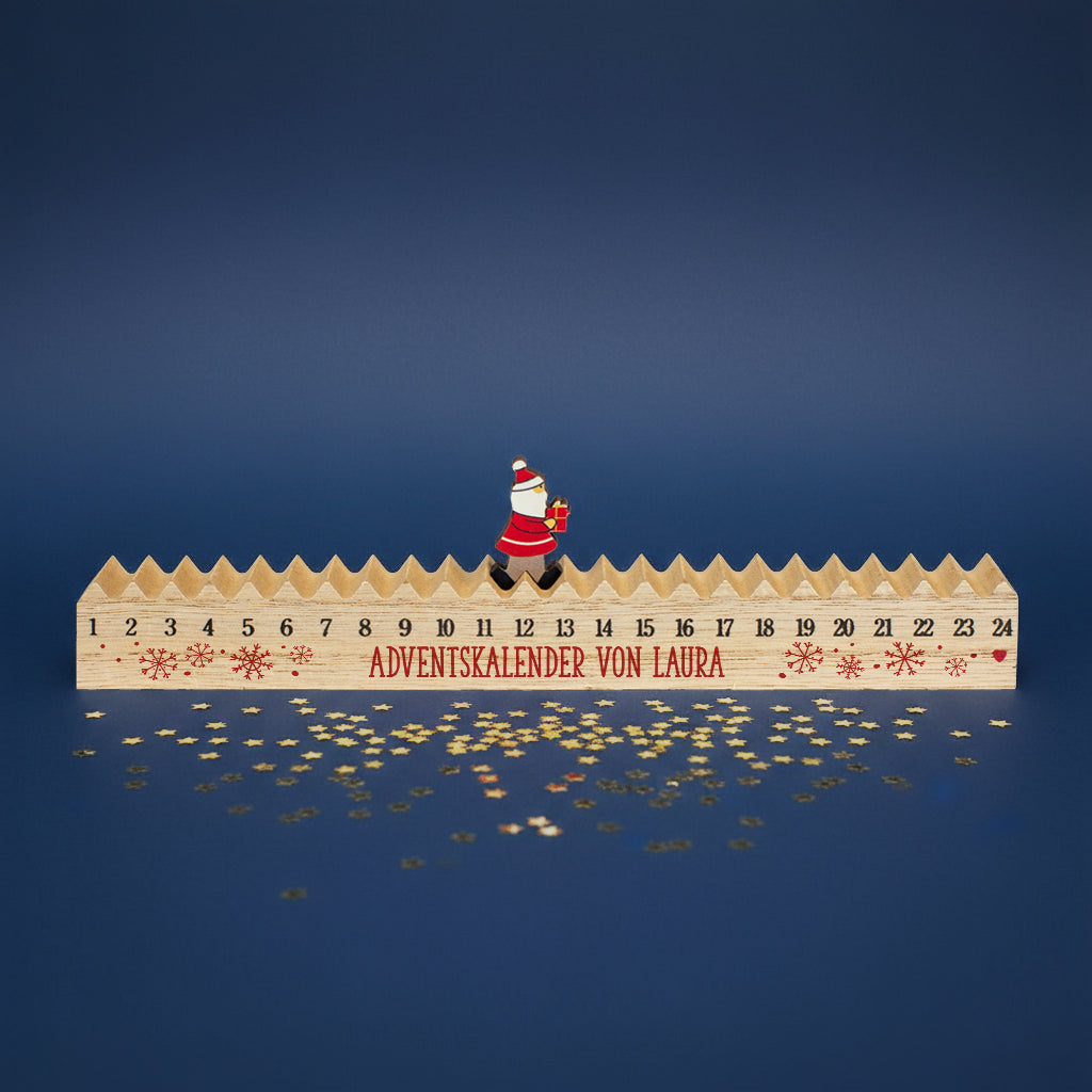 Santa-Figur bewegt sich entlang der Zahlenreihe – personalisierter Adventskalender von Laura, blauer Hintergrund
