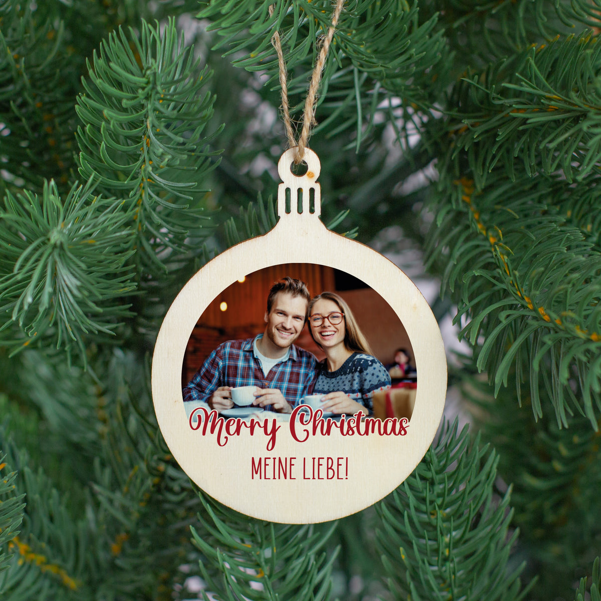 Personalisierter Christbaumanhänger aus Holz mit Foto und Wunschtext –
