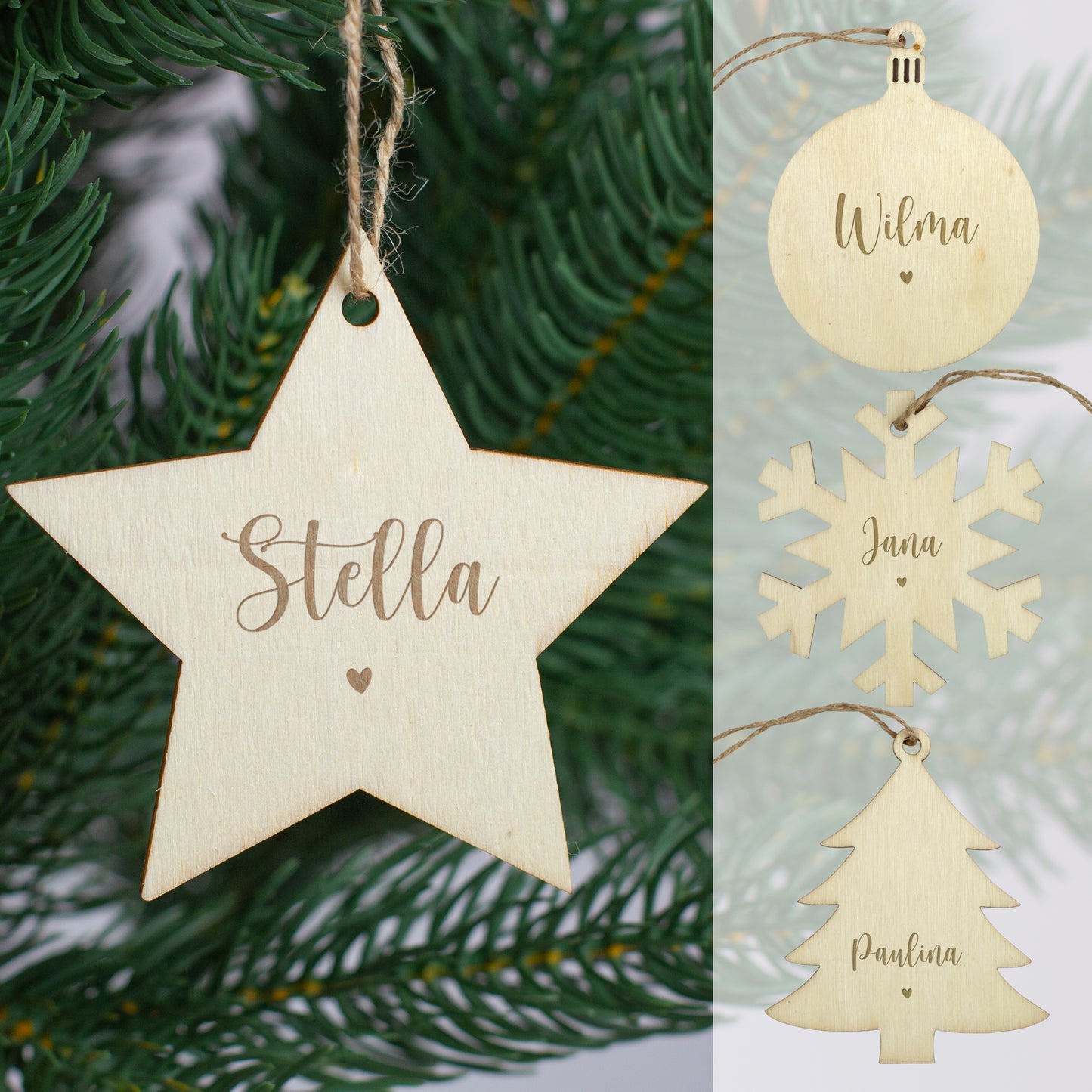 Personalisierte Holzanhänger in vier Formen – Kugel, Stern, Schneeflocke, Tannenbaum – mit Gravur Name und Herzmotiv.