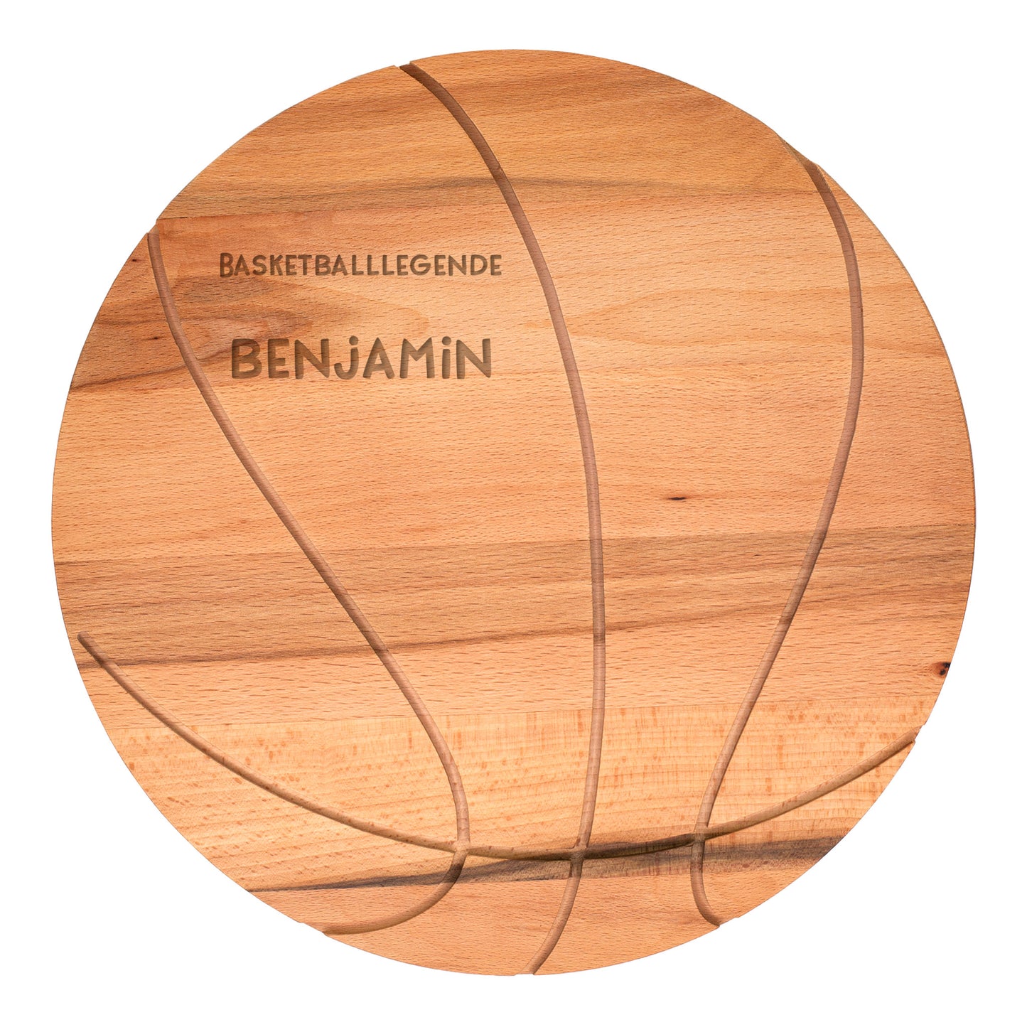 Freigestellte Gravurvorlage mit zwei Zeilen auf dem Basketball-Holzbrett