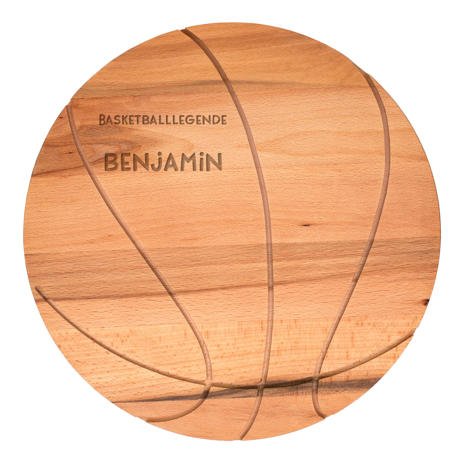 Freigestellte Gravurvorlage mit zwei Zeilen auf dem Basketball-Holzbrett
