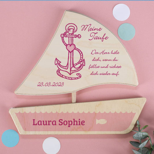 Taufboot aus Holz mit Ihren persönlichen Angaben bedruckt