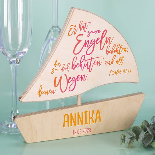 Holzboot bedruckt mit Psalm 91,11 und Ihren Wunschangaben