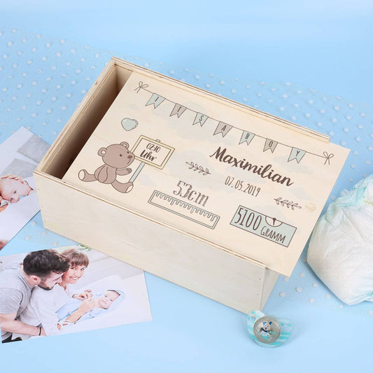 Bedruckte Erinnerungsbox aus Holz zur Geburt