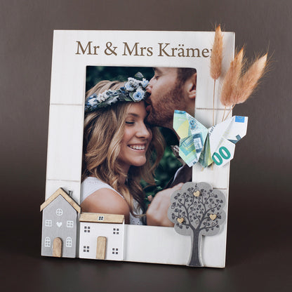 Personalisierter Hochzeits Bilderrahmen mit Gravur Mr & Mrs Krämer und Geldgeschenk