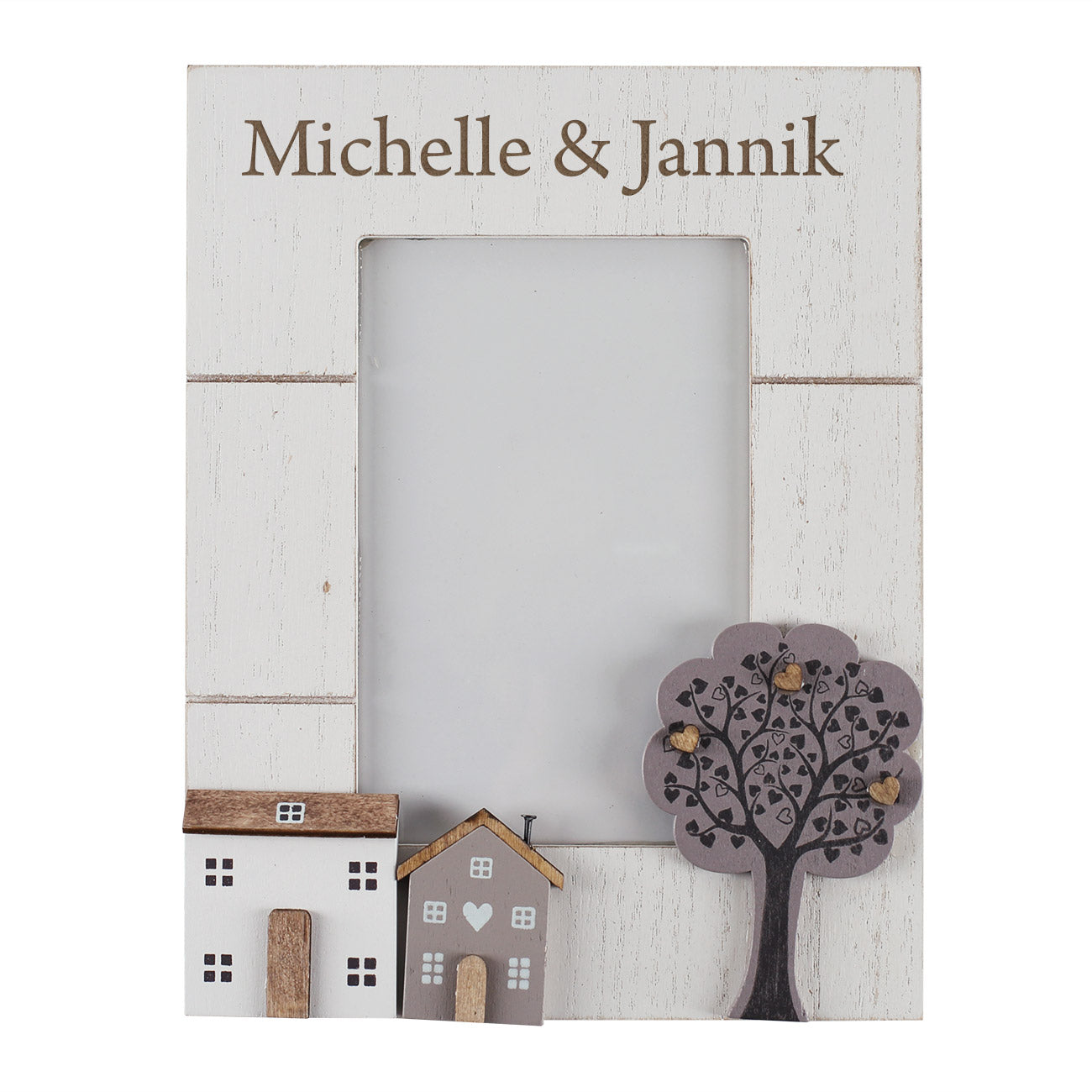 Personalisierter Holz Bilderrahmen mit Gravur Michelle & Jannik für 10 × 15 cm Foto