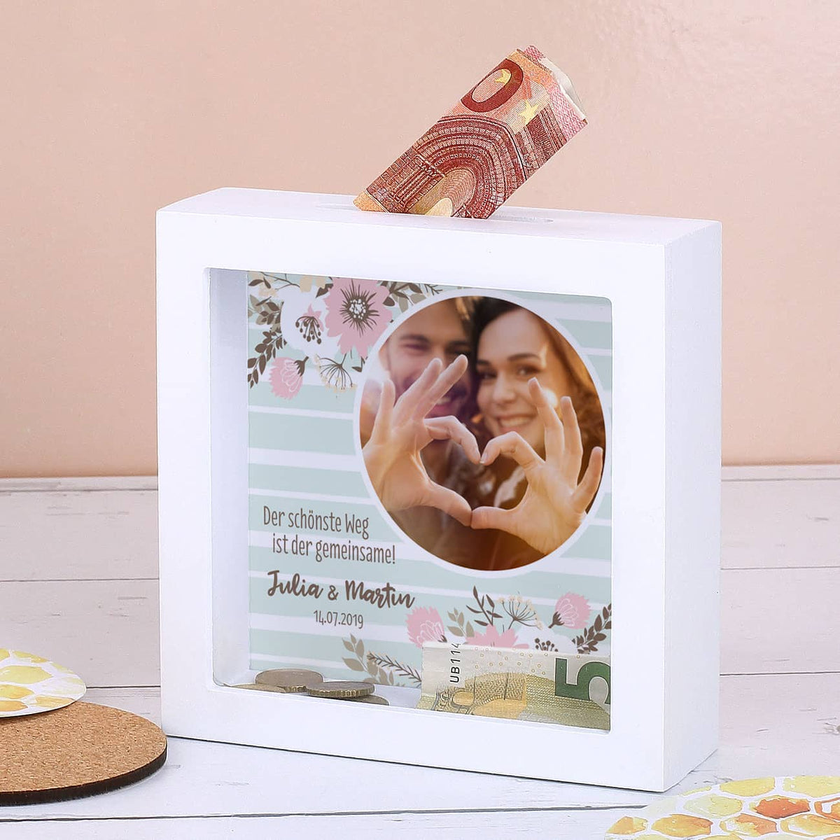 Bilderrahmen Spardose als Geschenk zur Hochzeit mit Foto, Namen und Datum