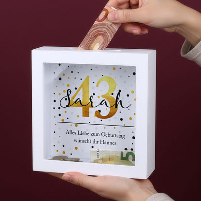 Bilderrahmen-Spardose zum Geburtstag mit Alter und Name