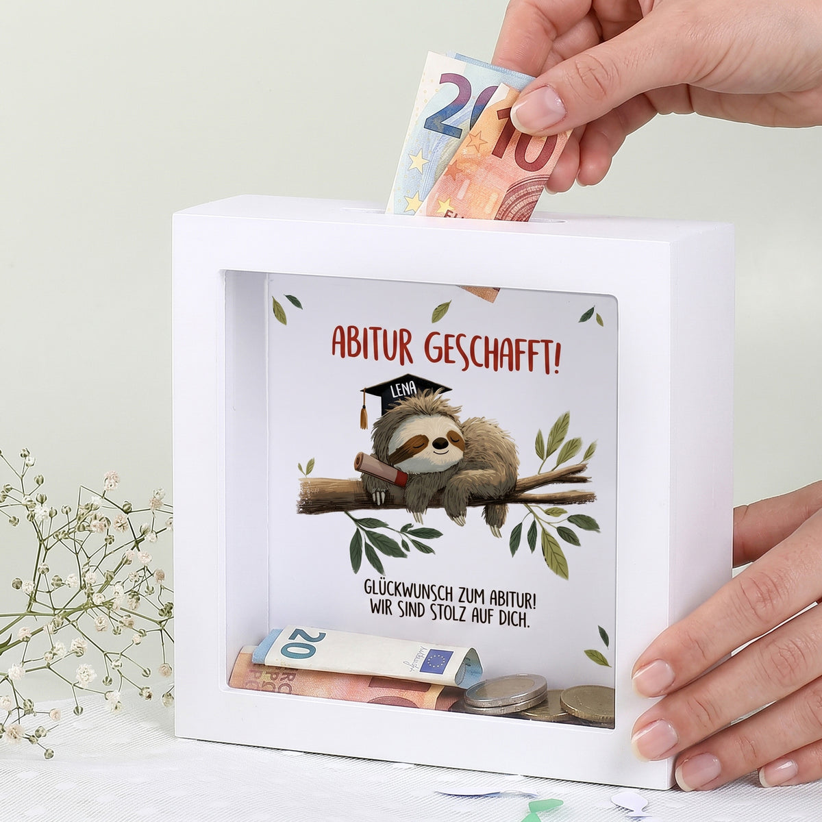 Spardose zum Abschluss als Bilderrahmen mit Faultier als Geldgeschenk –