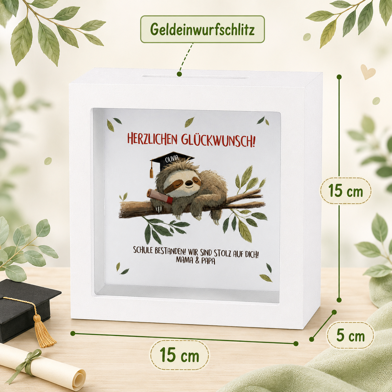 Maßgrafik der Bilderrahmen Spardose mit Geldeinwurfschlitz und Maßen 15 x 15 x 5 cm