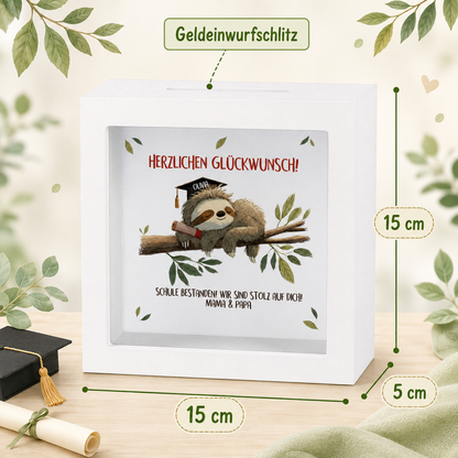 Maßgrafik der Bilderrahmen Spardose mit Geldeinwurfschlitz und Maßen 15 x 15 x 5 cm
