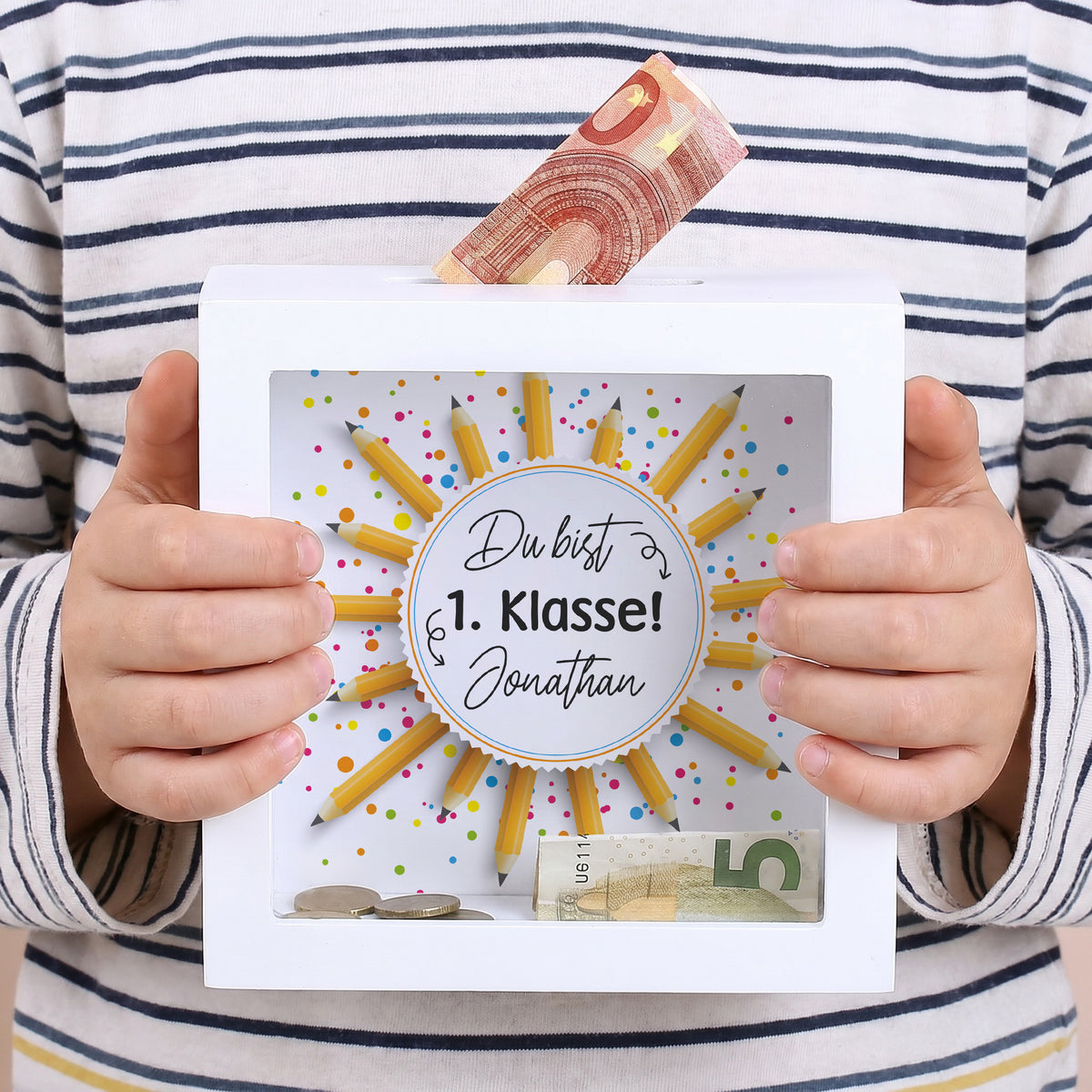 Personalisierte Bilderrahmen Spardose als Geschenk zur Einschulung –