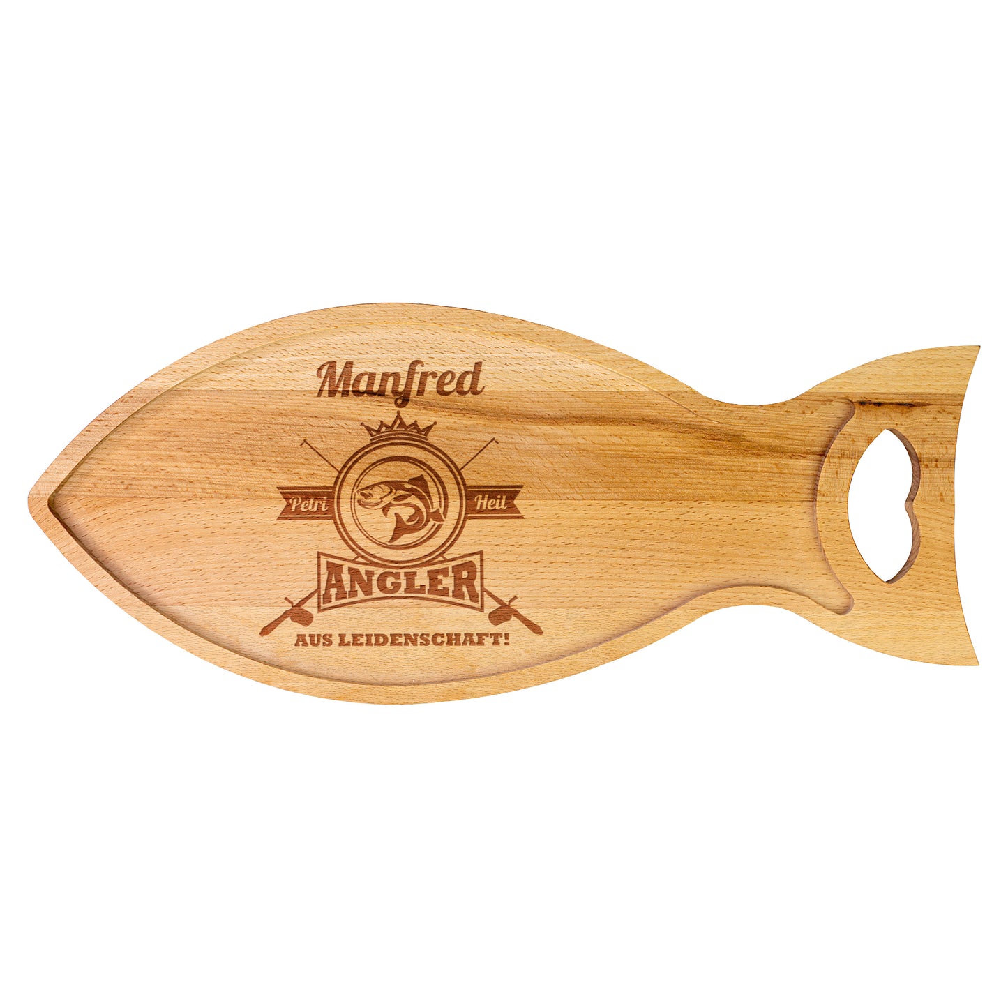 Angler Servierbrett aus Buchenholz in Fischform mit umlaufender Vertiefung