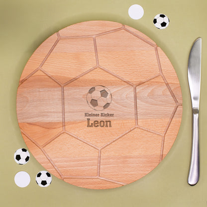 Rundes Buchenholzbrett im Fußballdesign mit Gravur Fußballlogo, Wunschtext und Name