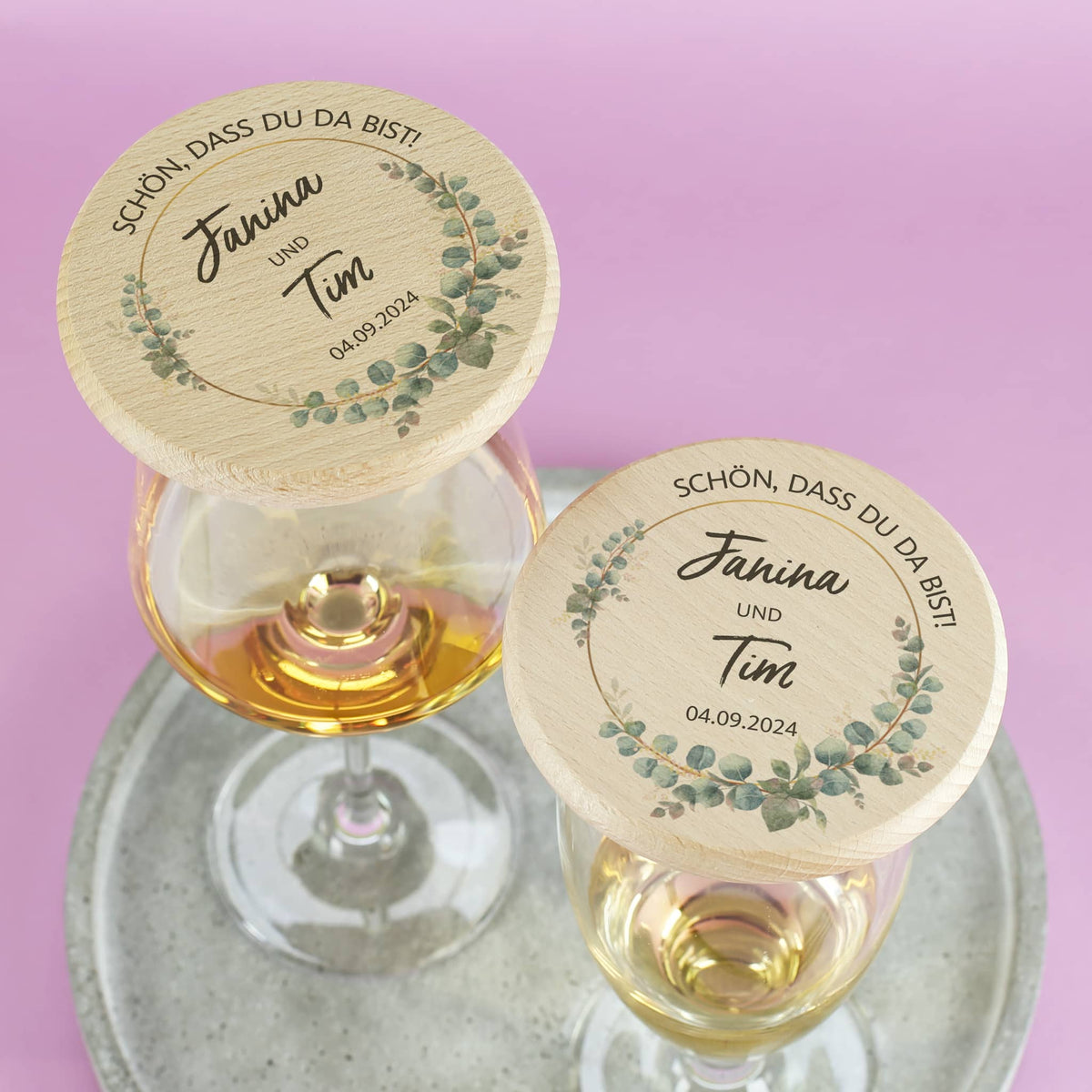 Personalisierte Glasabdeckung als Gastgeschenk zur Hochzeit –