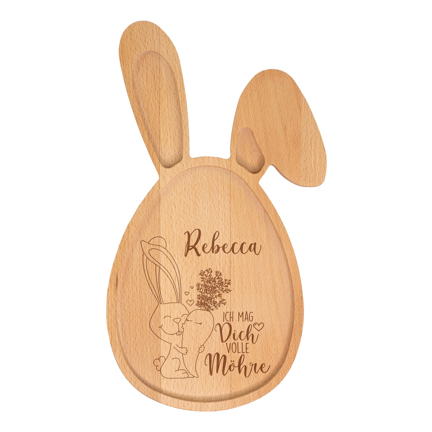 Freigestelltes personalisiertes Hasenbrettchen mit Gravur „Ich mag dich volle Möhre“ und Name