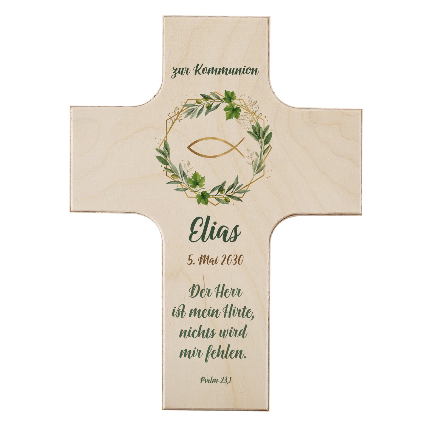 Holzkreuz mit Ichthys-Symbol und Eukalyptusmotiv, personalisiert mit Name, Datum und christlichem Text, freigestellt auf hellem Hintergrund
