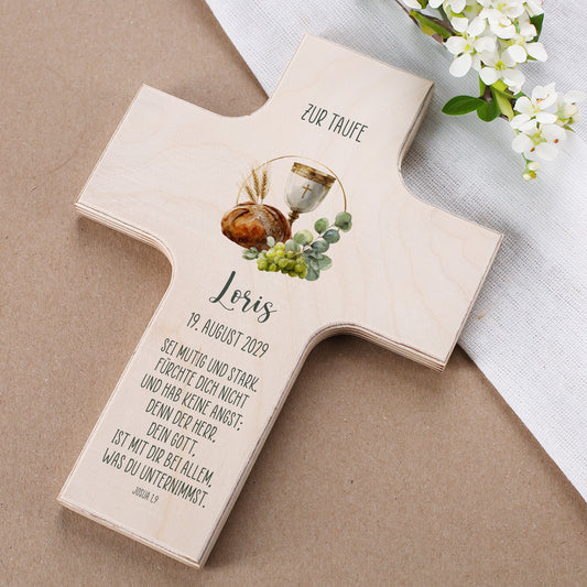 Holzkreuz zur Taufe mit personalisiertem Namen und Bibelvers, christliches Geschenk aus Ahornholz