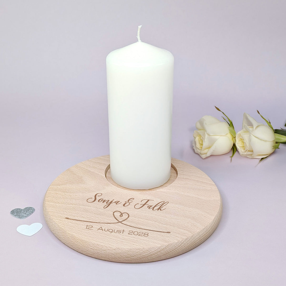 Personalisierter Kerzenteller aus Buchenholz zur Hochzeit graviert –