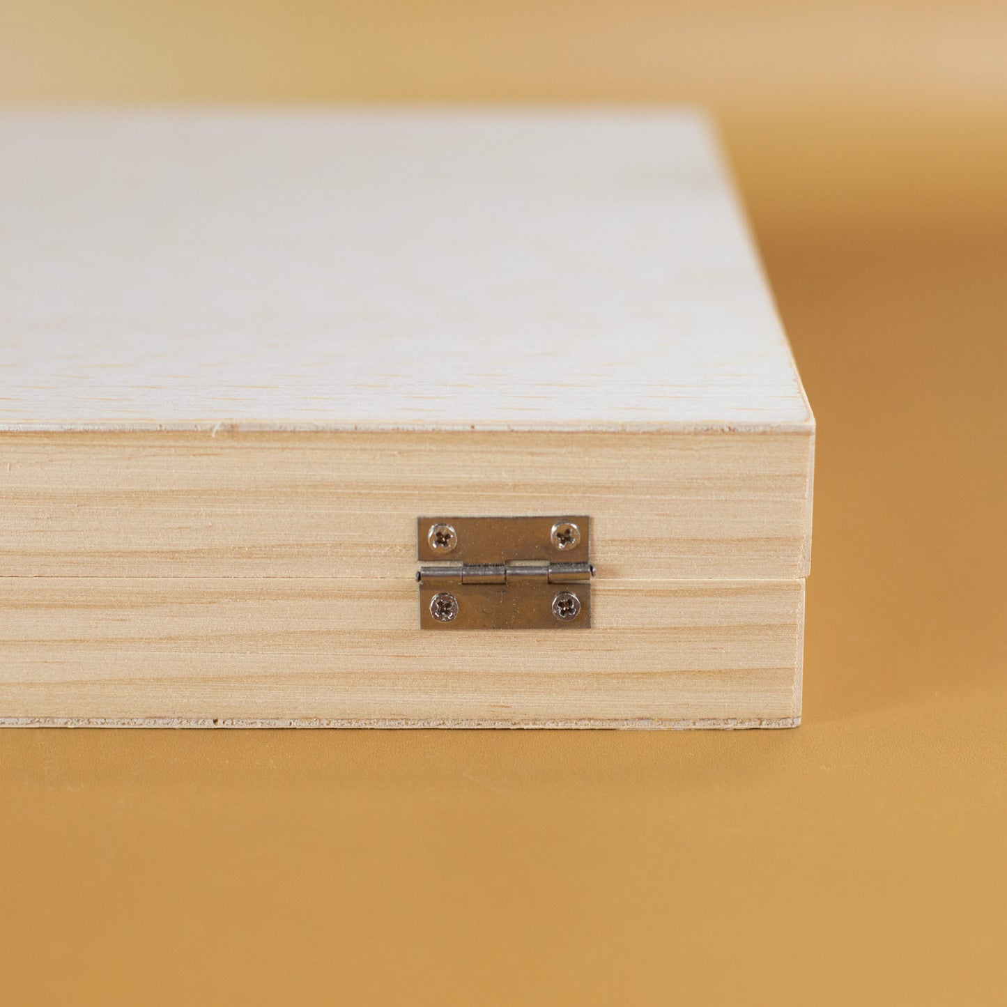 Seitenansicht vom Holzkoffer mit Metallscharnier, naturfarbenem Holz und stabilem Aufbau