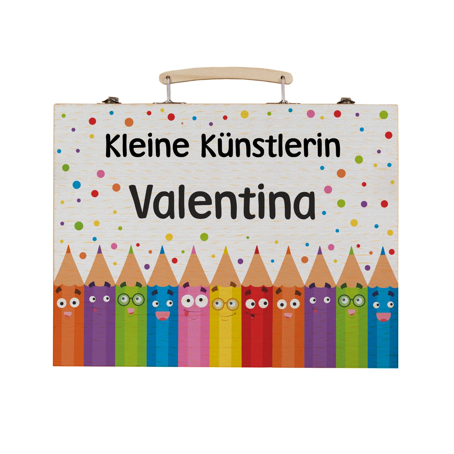 Personalisierter Malkoffer aus Holz mit buntem Stifte Motiv, Wunschtext Kleine Künstlerin und Name Valentina