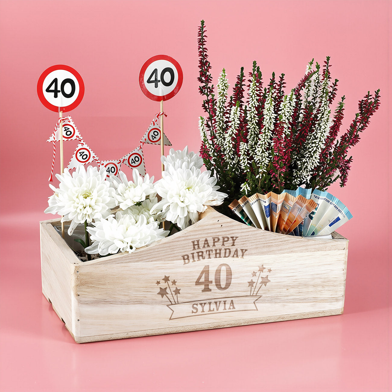 Persönlicher Holzkorb zum Geburtstag als Geldgeschenk