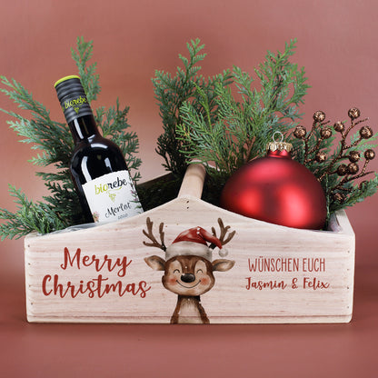 Personalisierter Geschenkkorb aus Holz zu Weihnachten mit Rentier | Pflanzkiste 'Merry Christmas'