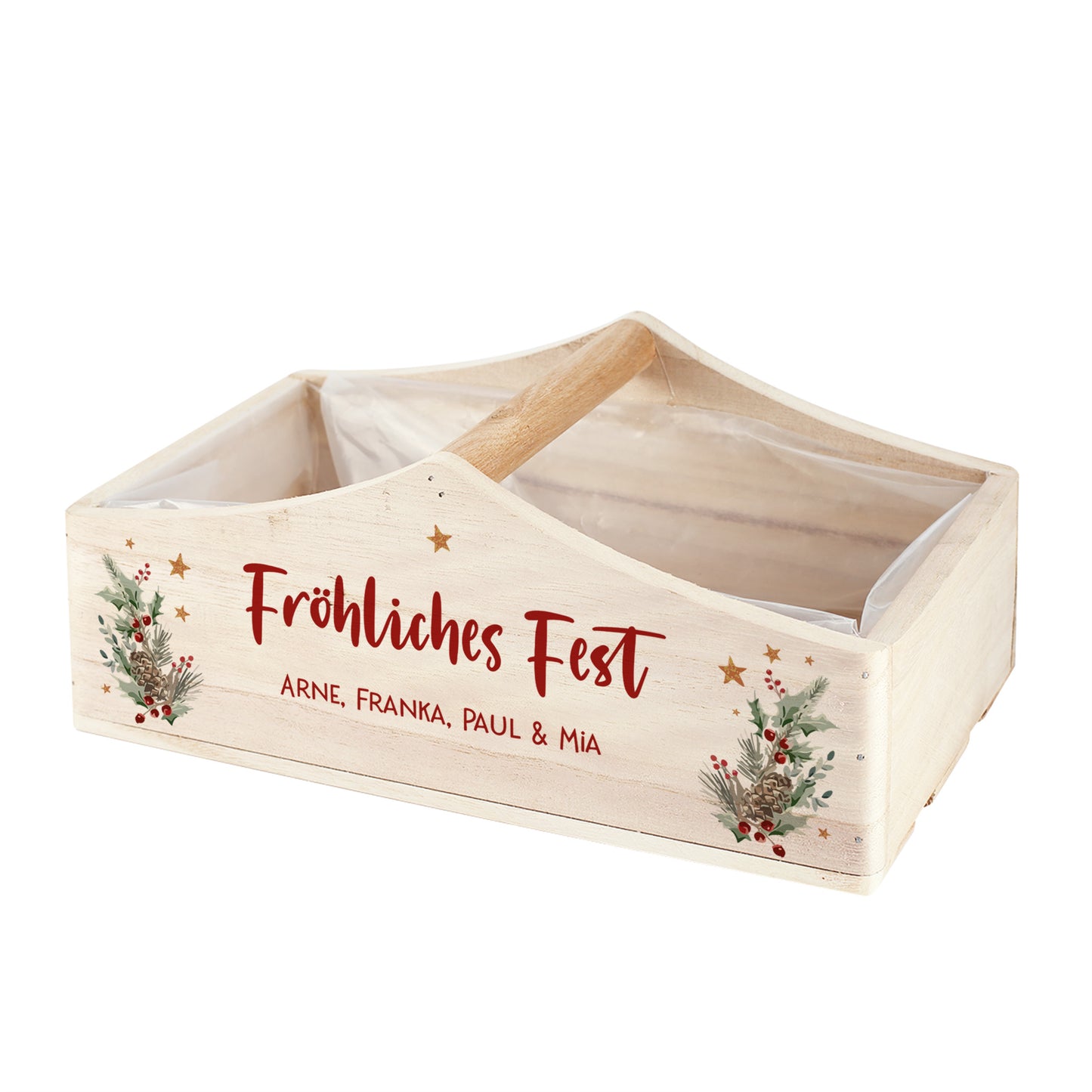 Holz-Geschenkkorb mit Winterbouquet-Motiv und rotem Schriftzug „Fröhliches Fest“, personalisiert mit mehreren Namen, frontal fotografiert.