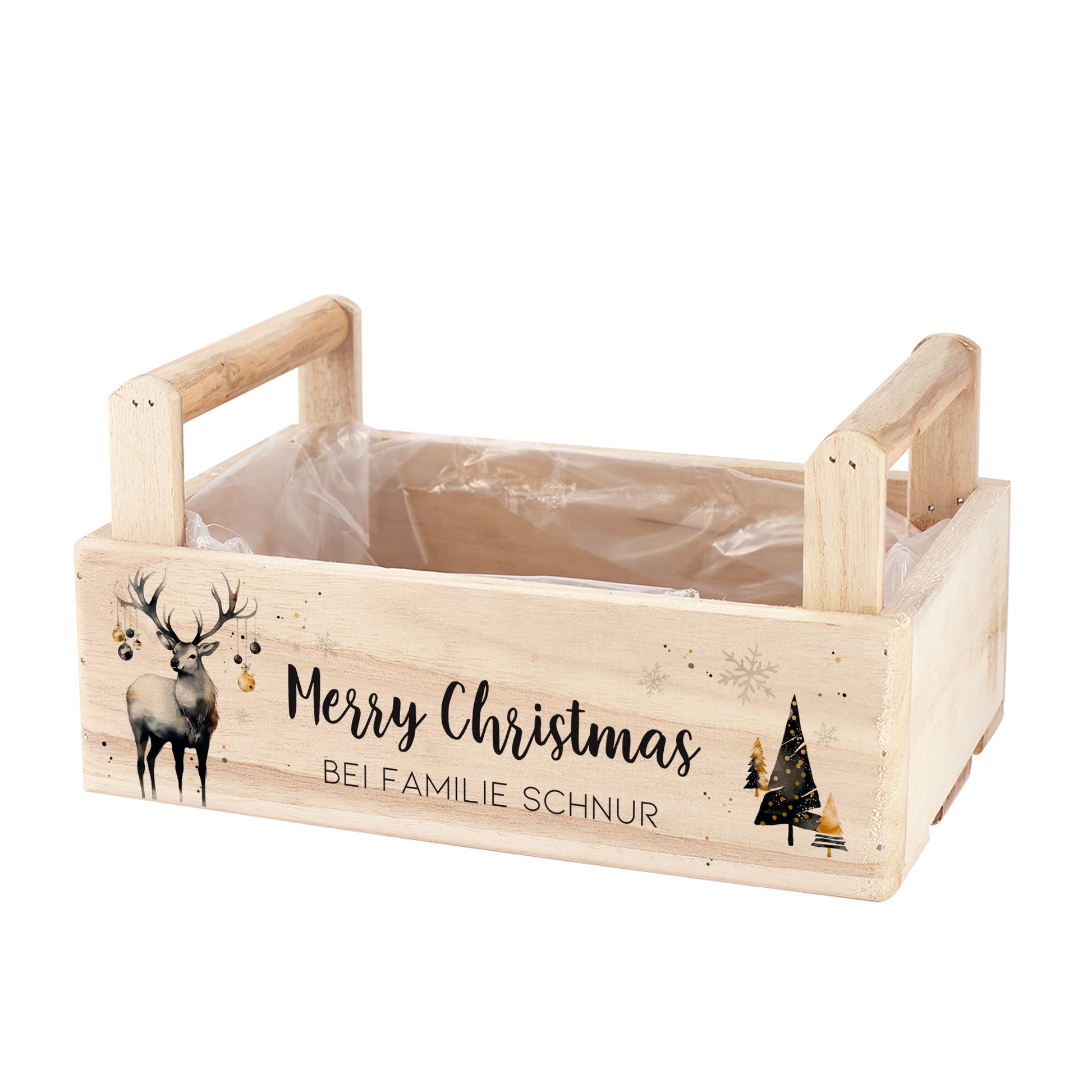 Weihnachtskorb aus Holz mit Hirschmotiv und Wunschtext, freigestellt