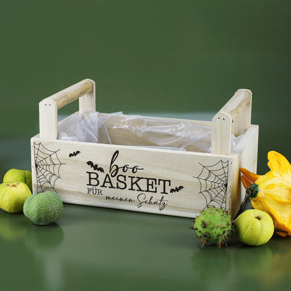 Halloween Boo Basket aus Holz mit zwei Griffen und personalisiertem Wunschtext