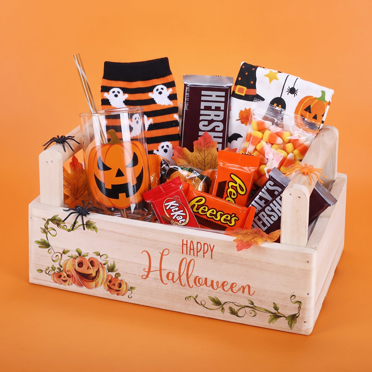 Personalisierter Halloween Korb aus Holz mit Kürbis Motiv zum Befüllen mit Süßigkeiten und kleinen Geschenken