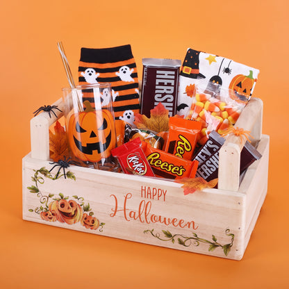 Personalisierter Halloween Korb aus Holz mit Kürbis Motiv zum Befüllen mit Süßigkeiten und kleinen Geschenken