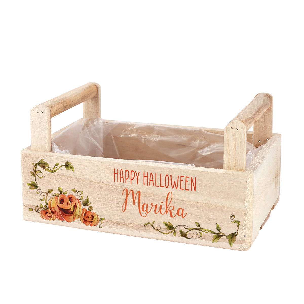 Personalisierter Boo Basket aus Holz mit Name und Wunschtext sowie Kürbis Motiv