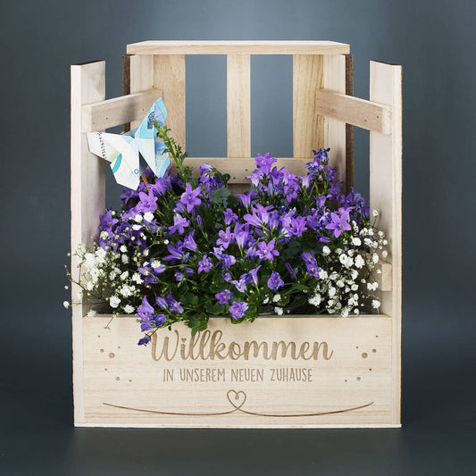 Pflanzkorb mit Gravur - Willkommen - als Geldgeschenk zum Einzug