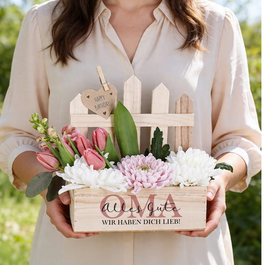 Pflanzkorb mit Zaun und 3 Wunschzeilen bedruckt für Oma zum Geburtstag