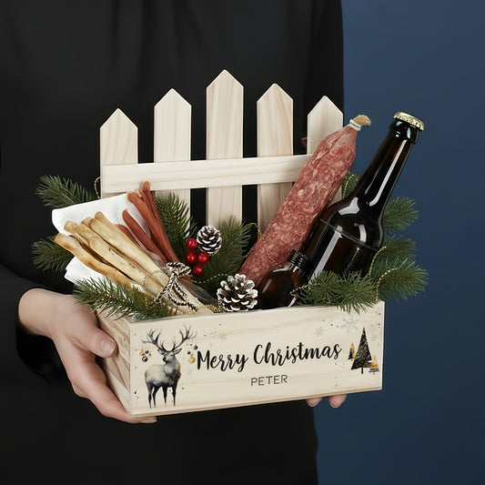 Geschenkkiste mit Zaun und Wunschtext zu Weihnachten